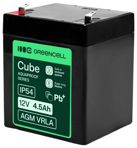Svart Greencell Cube AGM VRLA-batteri med grön etikett, märkt IP54, 12V 4,5Ah, och "Säker i slutna utrymmen"