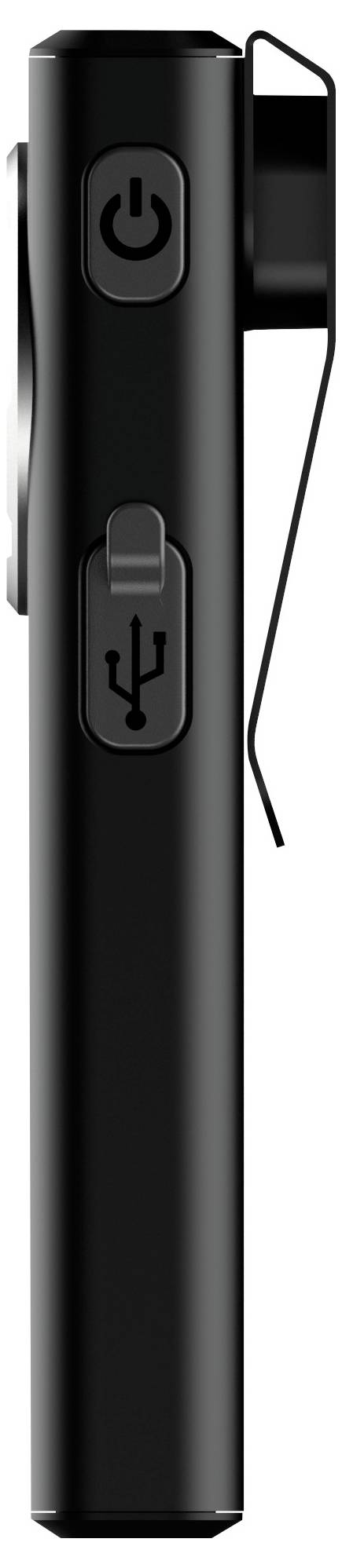 Svart handhållen enhet med en strömknapp på toppen och ett USB-portskydd nedanför, visad i sidovy med en kabel ansluten.