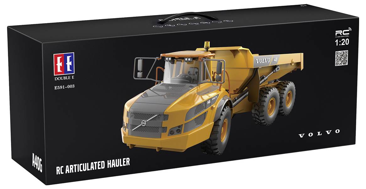 Låda för en Volvo RC-ledlastbil-leksak, visar en orange fjärrstyrd tippbil på svart förpackning med Double E-varumärke.