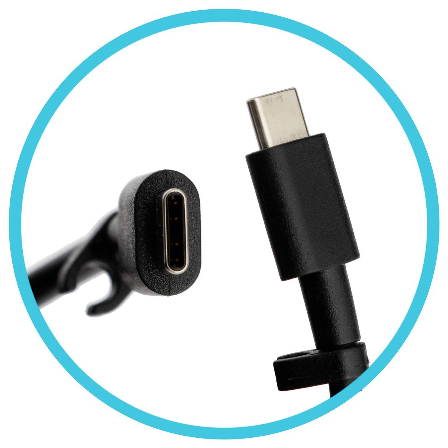 Närbild av två USB-C-kabeländar, en honkontakt på vänster sida och ett hankontakt på höger sida, visade inuti en blå cirkel.