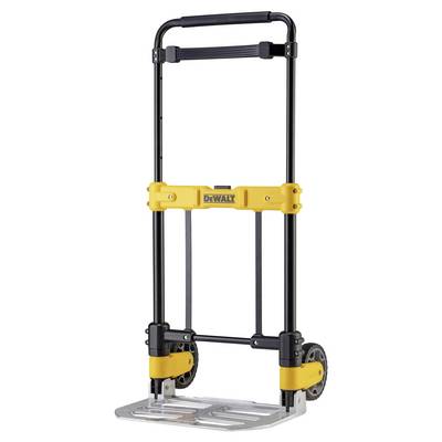 Bärbar DeWalt hopfällbar handvagn med aluminiumbase och stora hjul, visad upprätt på vit bakgrund.