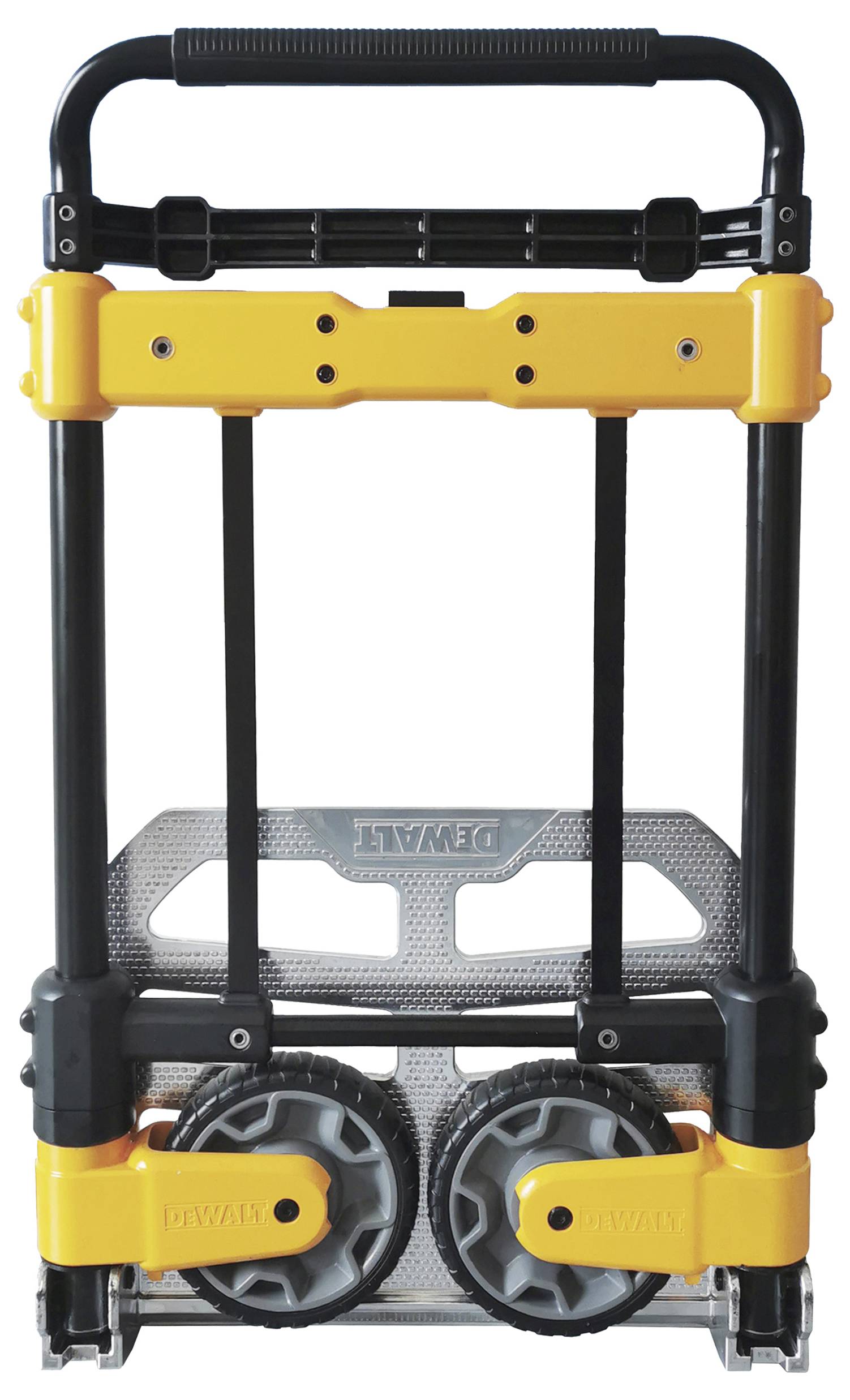 Hopfällbar gul-och-svart DEWALT handtruck med två hjul och teleskopisk handtag, visad upprätt på vit bakgrund.