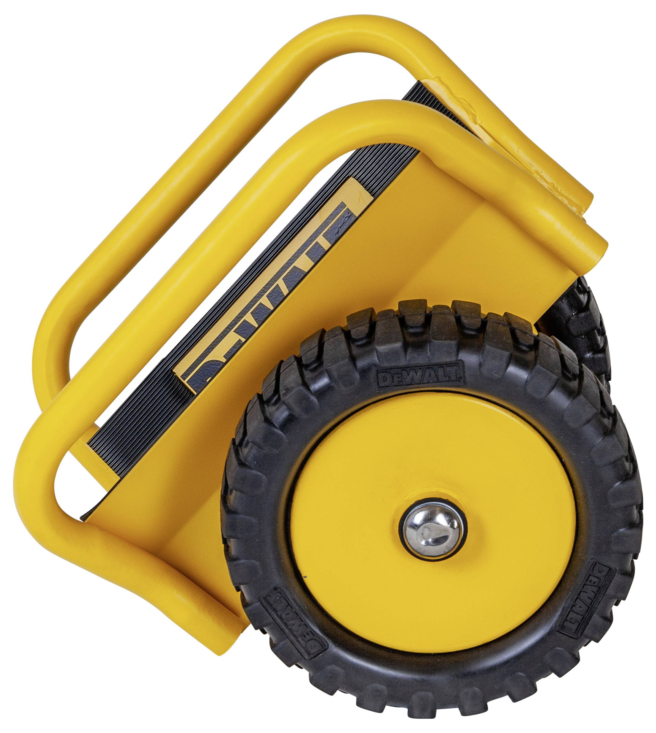 Gul DEWALT bärbar handvagn eller transportvagn med stort svart gummihjul, visad på vit bakgrund.