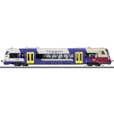 Sidovy av ett Talgo-passagerarståg i blå, vit och röd lackering med gula dörrar, märkt "Tålesbahn" och "Württembergische Eisenbahn."