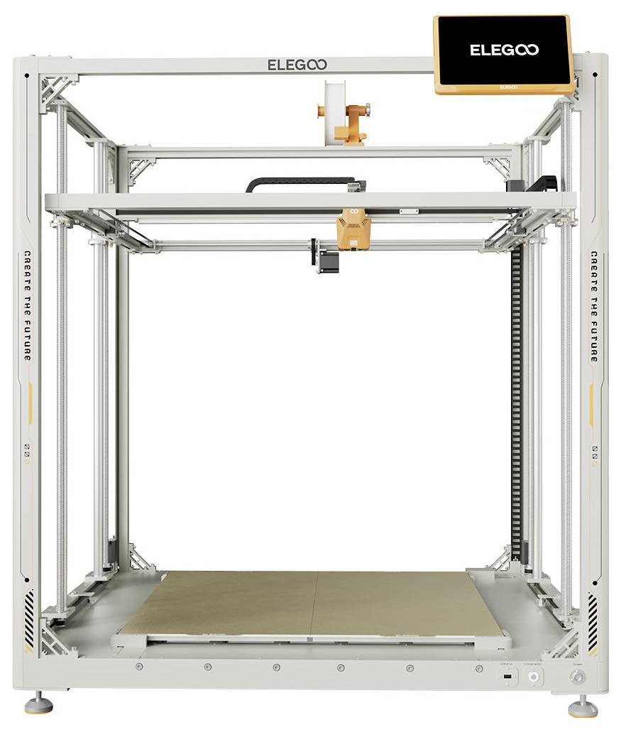 Frontvyn av en ELEGOO innesluten 3D-skrivare med en stor kvadratisk ram, orange skrivarhet och byggplatta inuti.