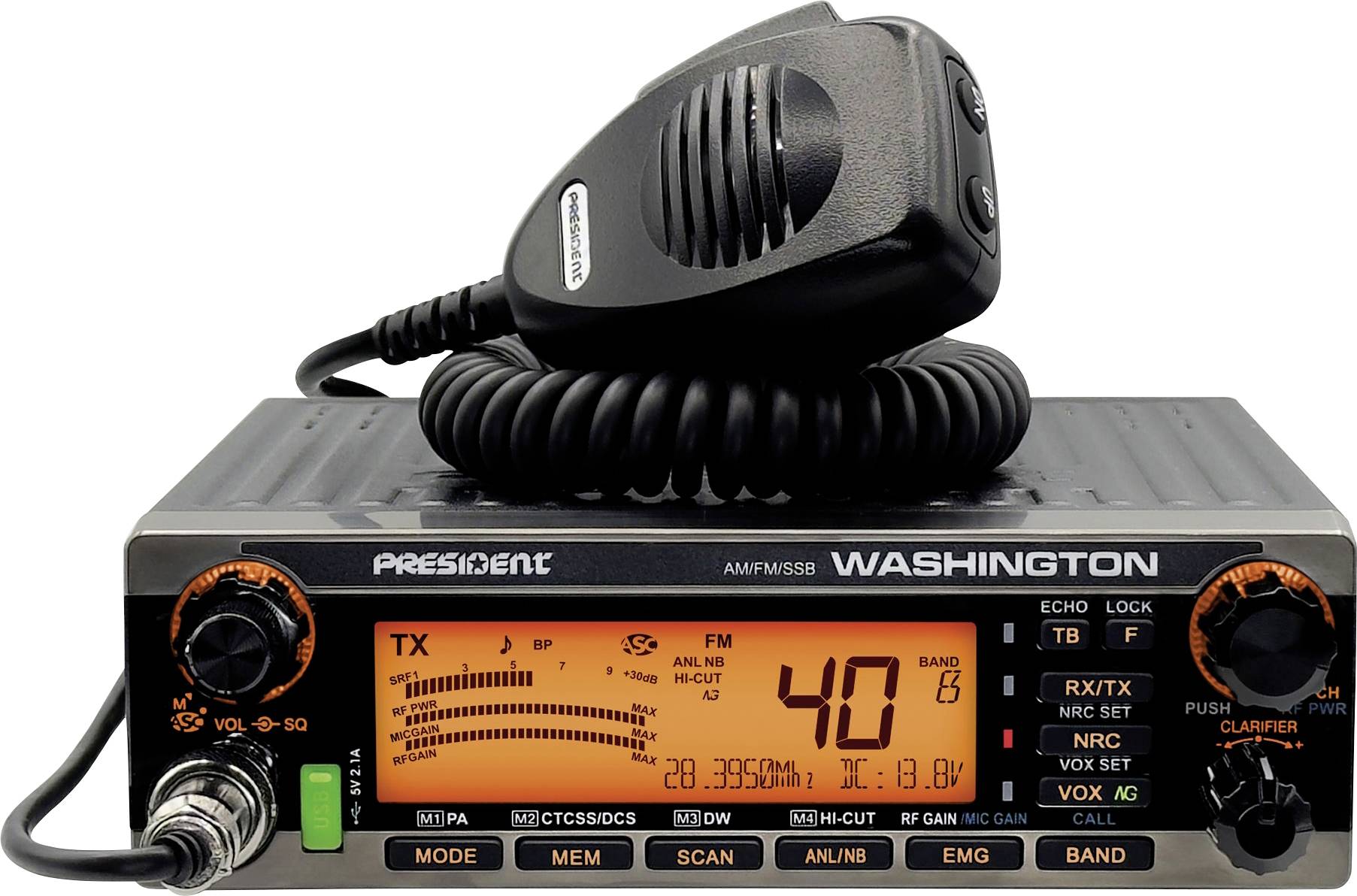 Närbild av en President Washington CB-radio med mikrofon vilande på toppen, som visar en orange digital display och kontrollknappar.
