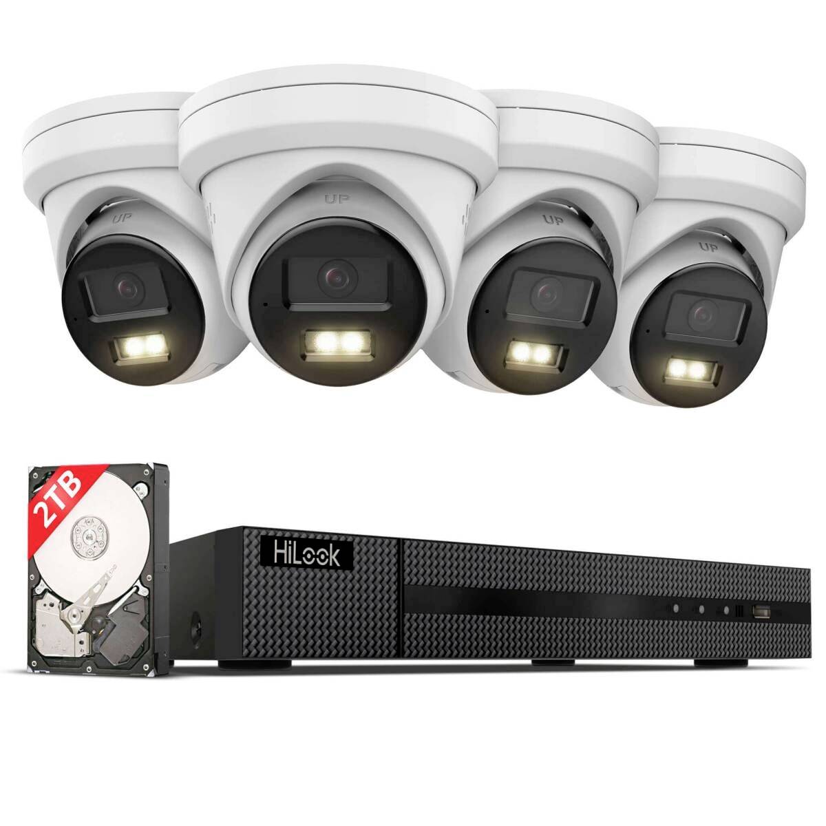 Fyra vita säkerhetskameror ovanför en HiLook DVR-inspelare och en 2TB hårddisk som visar ett komplett CCTV-övervakningssystem.