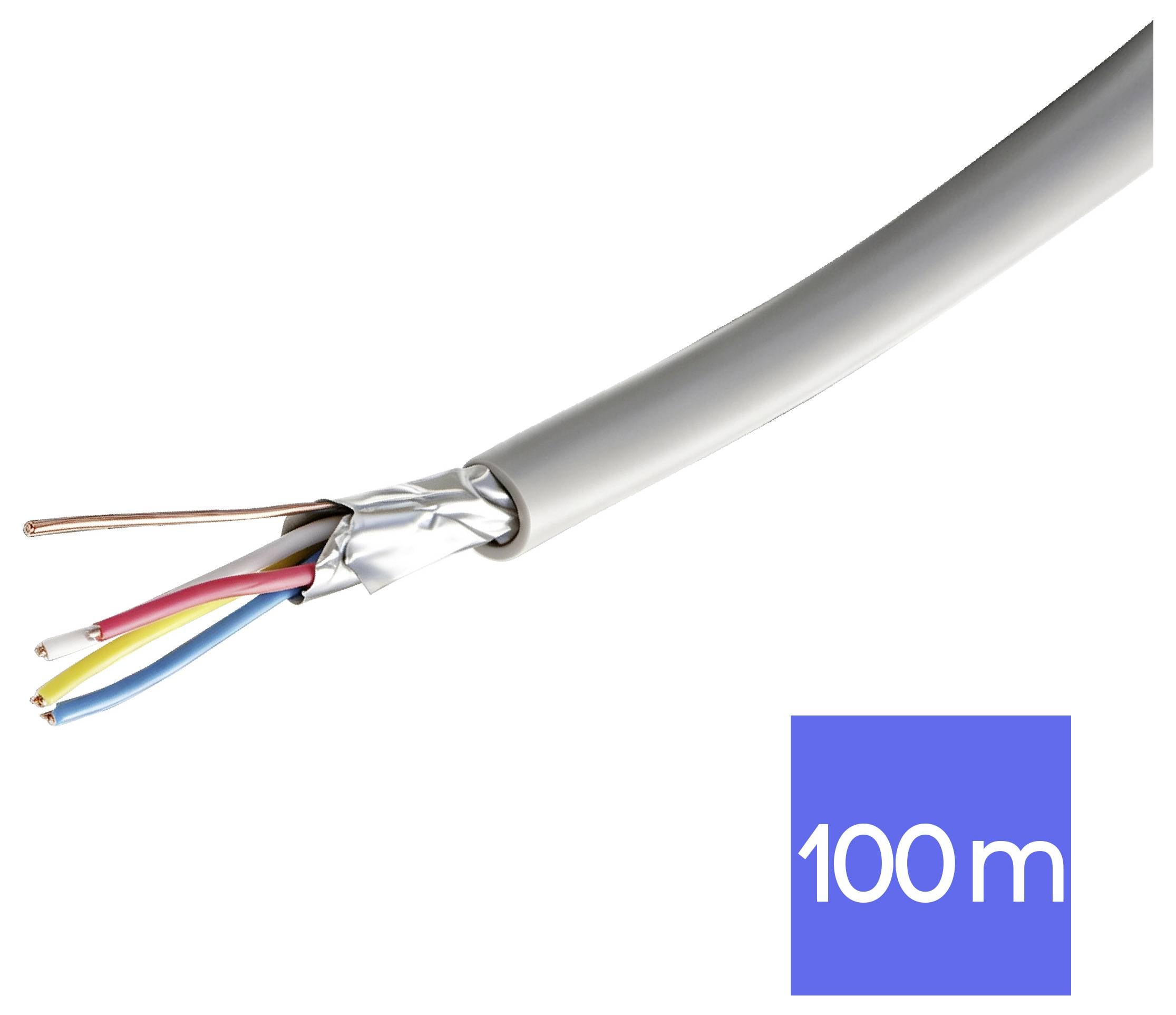 Snitt av en grå kabel som visar exponerad koppar och färgade inre ledningar, märkt "100 m".
