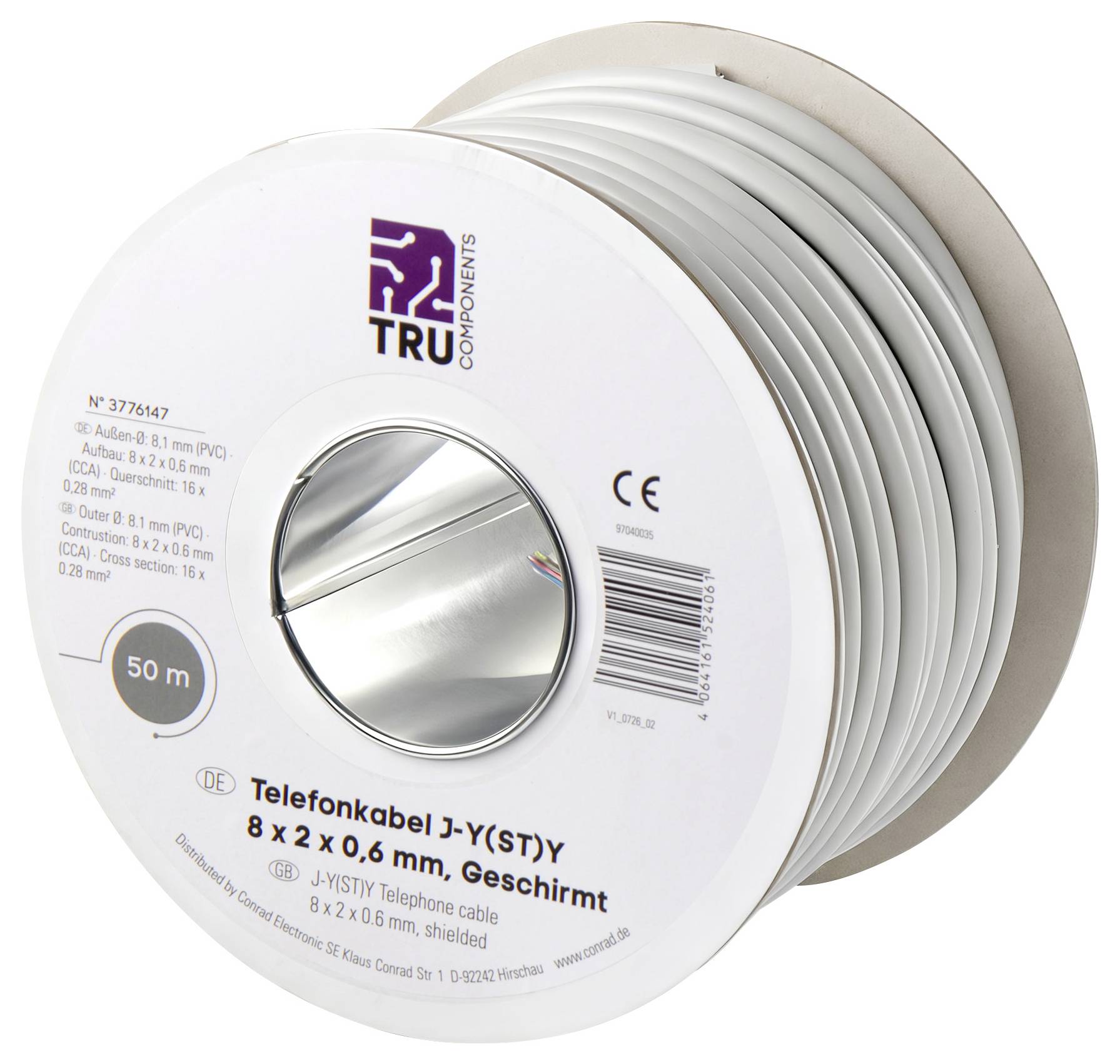 Spole med TRU Components skärmad telefonkabel märkt "Telefonkabel J-Y(ST)Y 8 x 2 x 0,6 mm, skärmad" med 50 m längd.