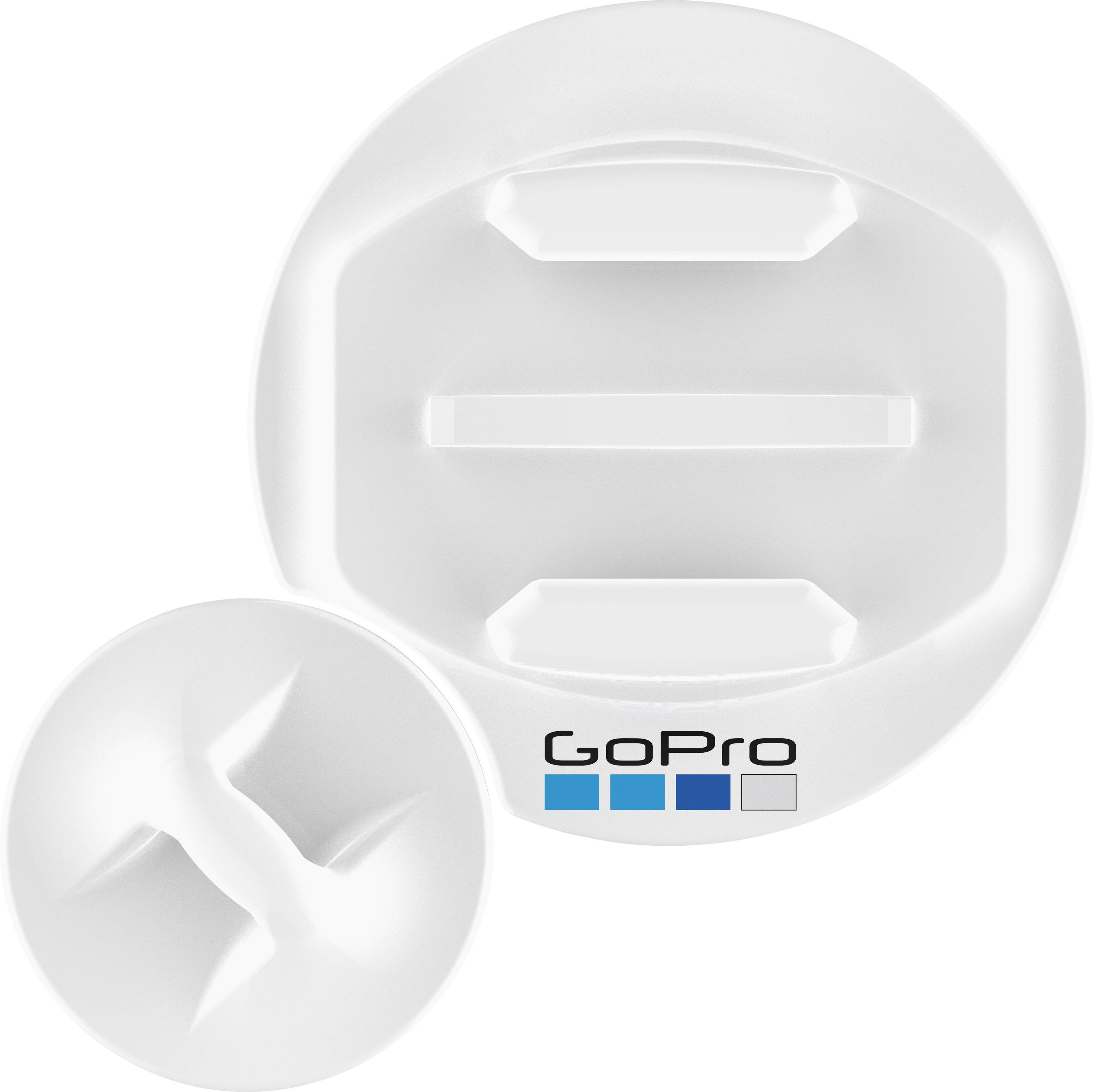 Vit GoPro-adhesivmonteringssats med en större böjd montering och en mindre cirkulär montering, båda visade mot en vit bakgrund.