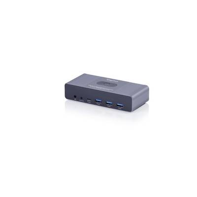 Kompakt grå extern dockningsstation med flera framports, inklusive ljud, USB och tre blå USB 3.0-portar.
