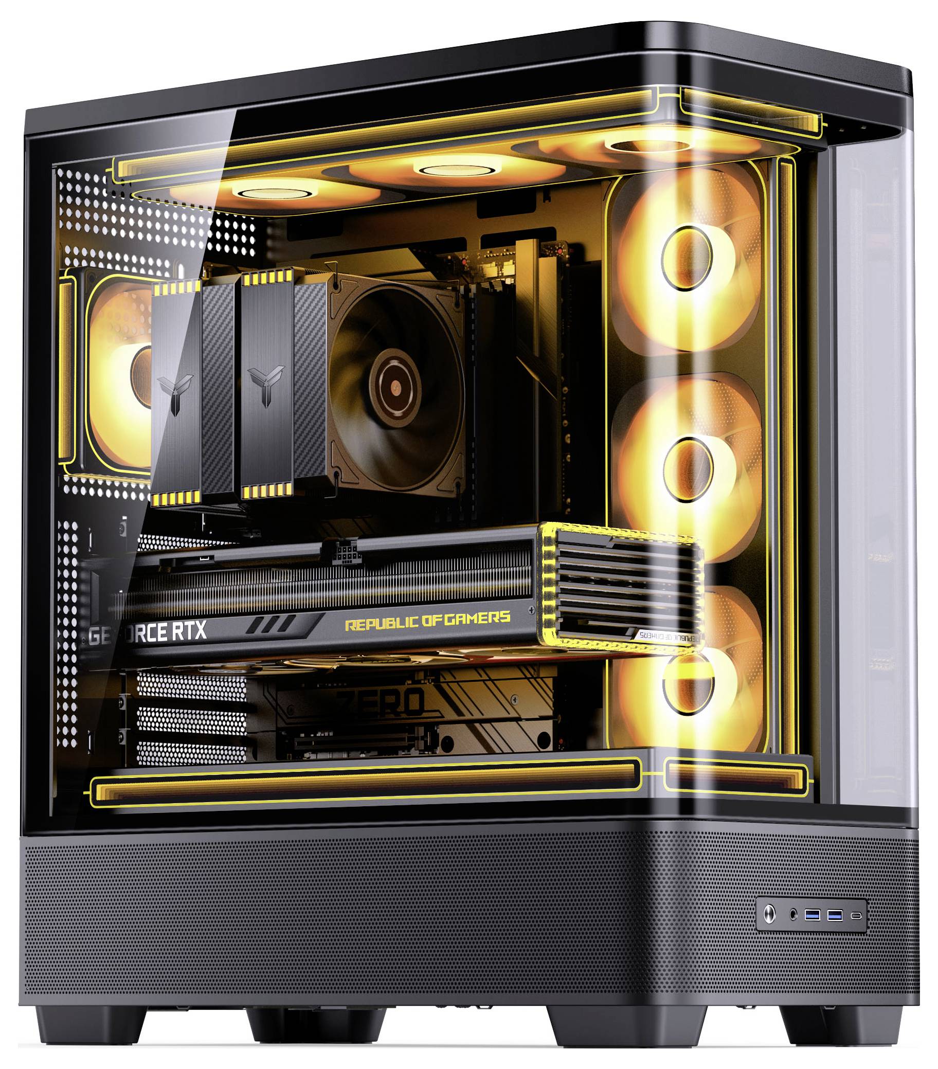 Gaming-skrivbords-PC-tårn i ett glashölje som visar upplysta interna komponenter, RGB-fläktar och ett NVIDIA GeForce RTX-grafikkort.