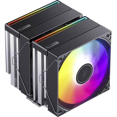 Två svarta tower-PC-CPU-kylare med staplade aluminiumfinnor och regnbågsfärgade RGB-fläktljus på toppen och framsidan.