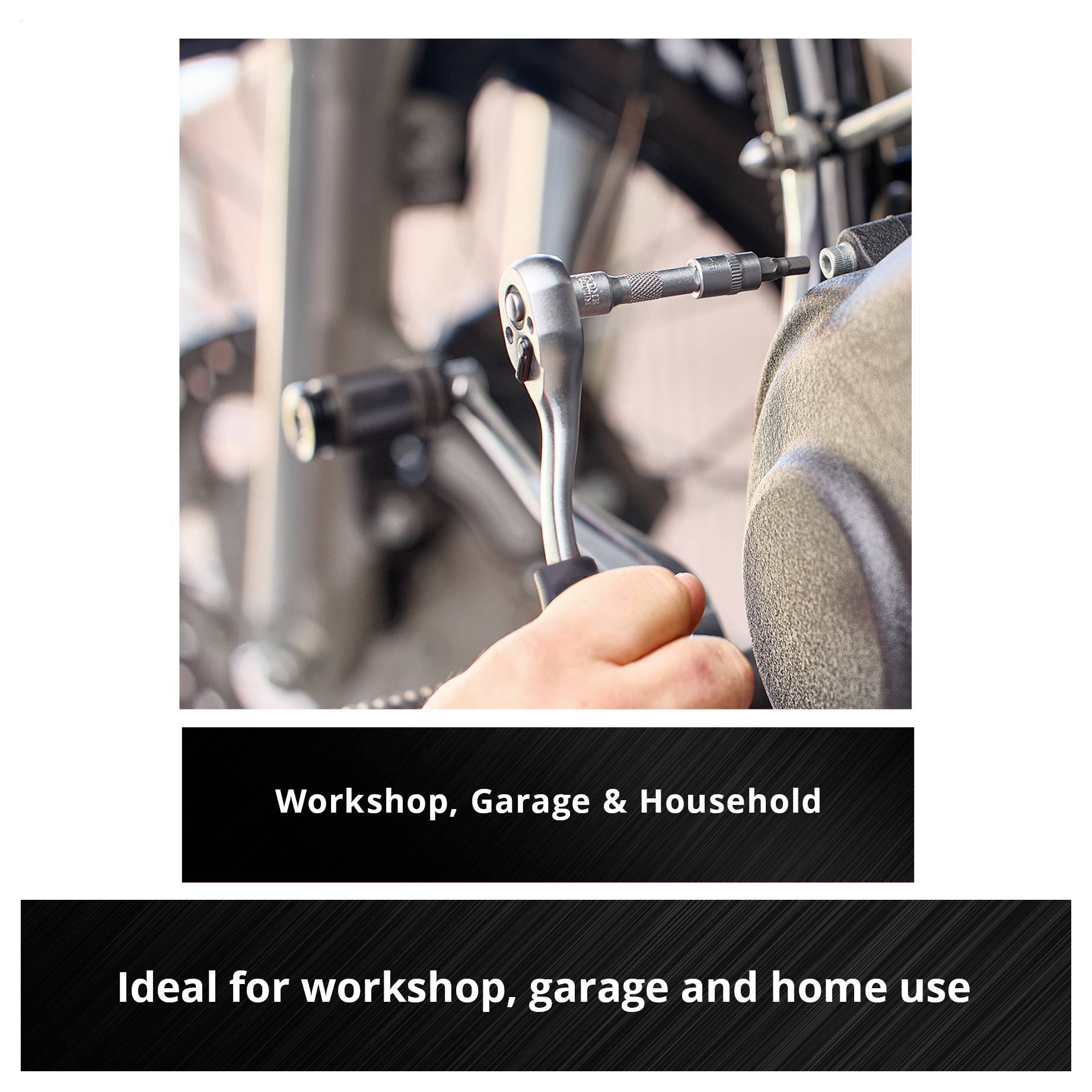 Skiftnyckel på ett skruvhuvud under arbete; under det står "Verkstad, garage och hushåll" och "Idealisk för verkstad, garage och hushållsbruk".