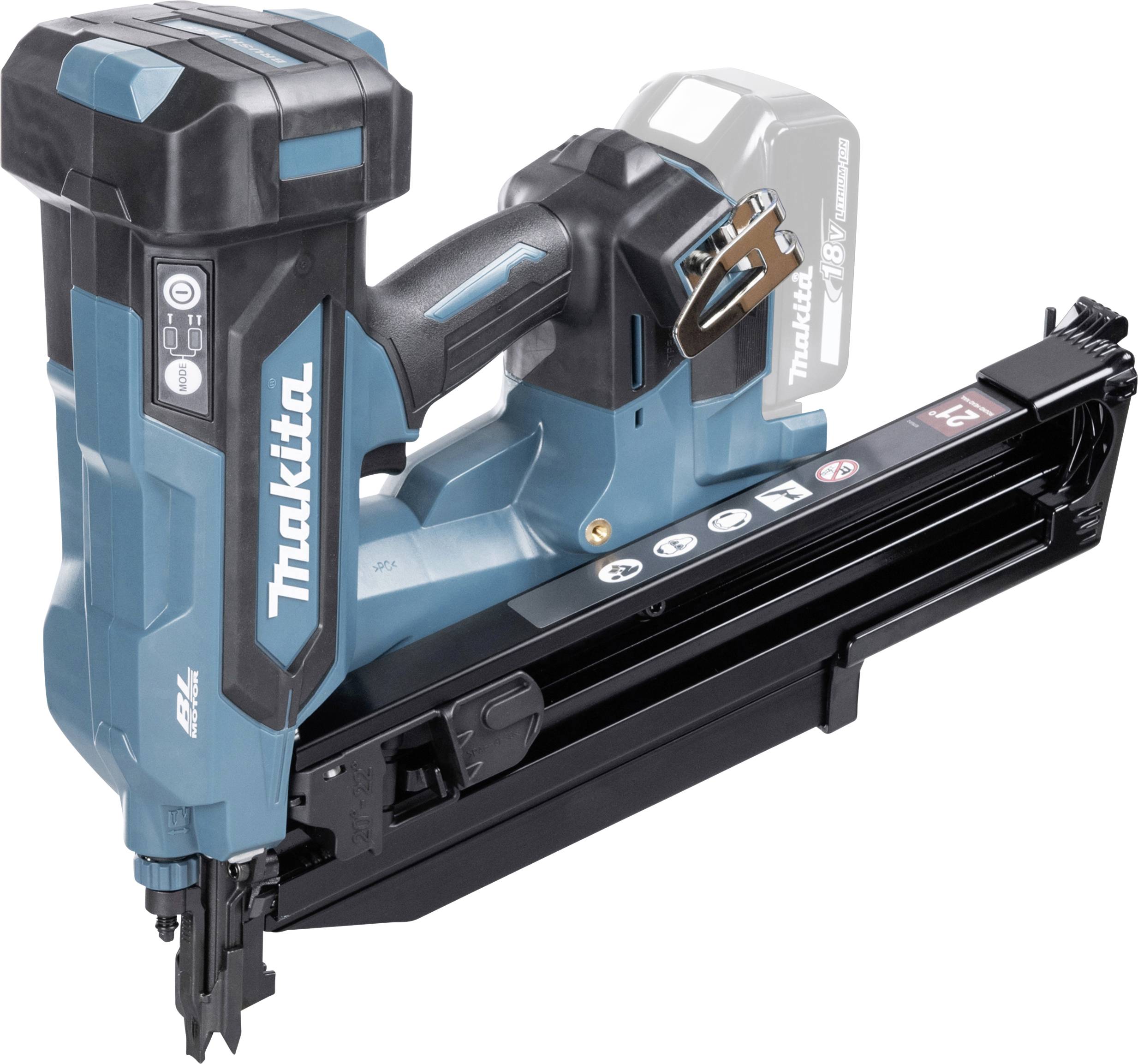 Makita trådlös spikpistol med batteripak, visad i sidovy på vit bakgrund.