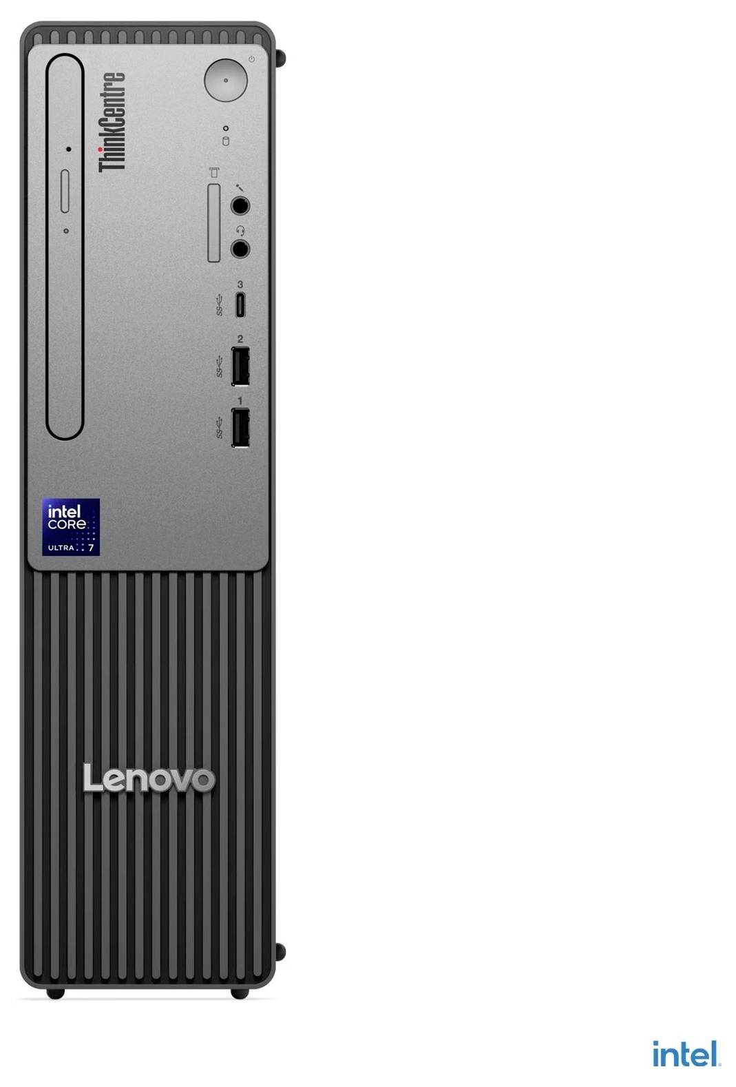 Frontvyn av ett Lenovo ThinkCentre-skrivbordstorn med Intel Core i7-märke, som visar fronpanelportar och strömknapp.