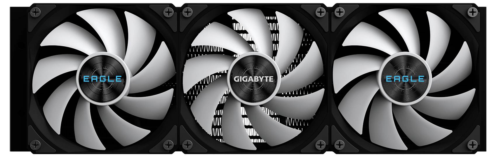 Tre datorkylningsfläktar på ett grafikkort, med "GIGABYTE" på mittenhubben och "EAGLE" på vänster och höger hubb.