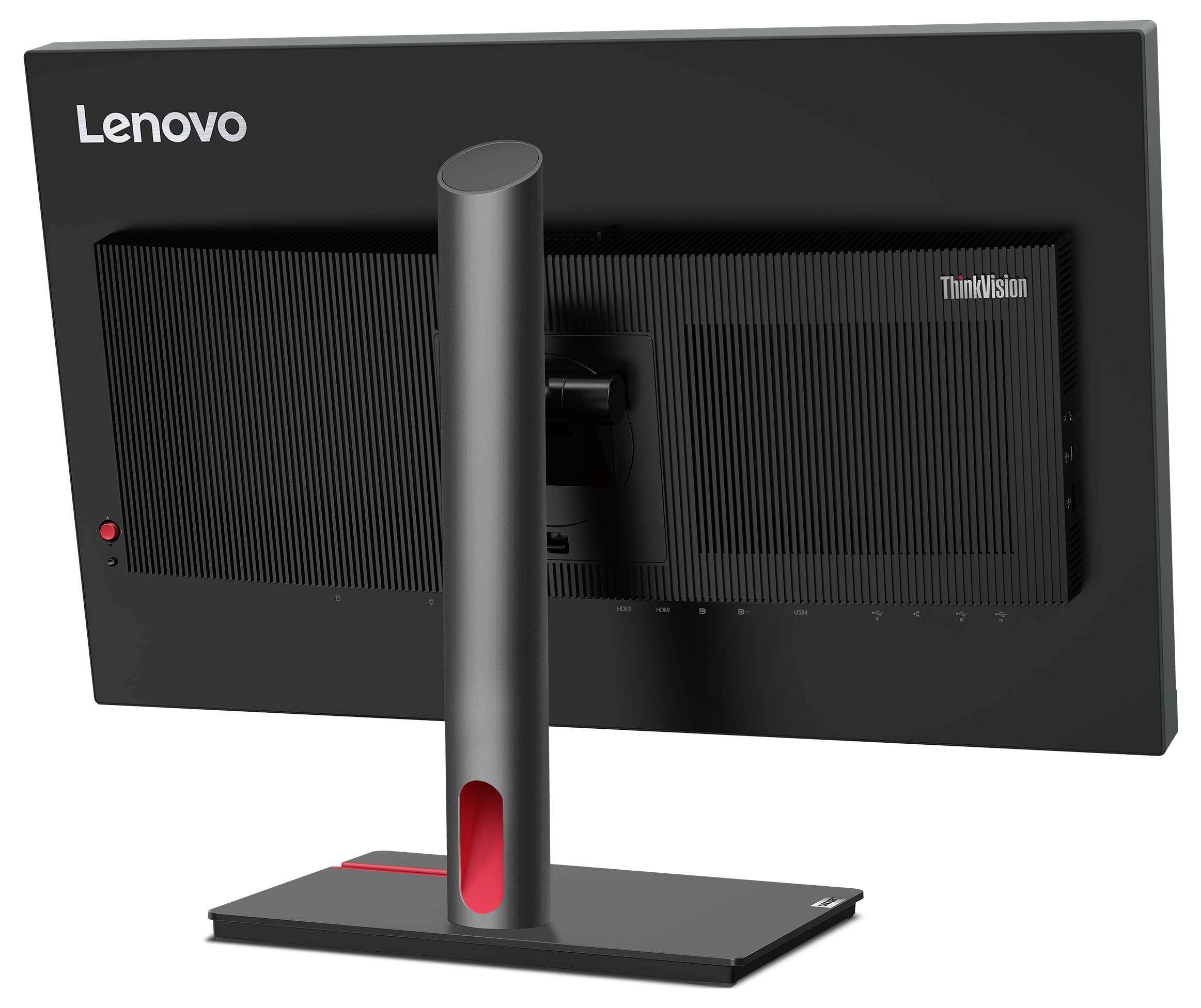 Bakvy av en Lenovo ThinkVision-skärm på en fot, som visar bakpanelen, central fäste och svart sockel med röd accentfärg.