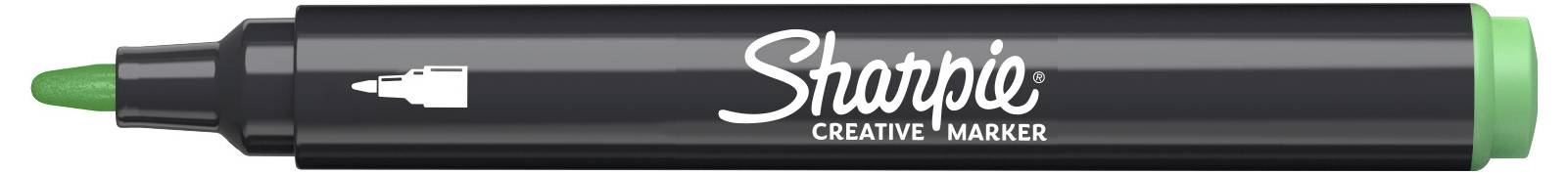 Svart Sharpie-kreatörrmarkör med grön huva och spets, visad horisontellt på vit bakgrund.