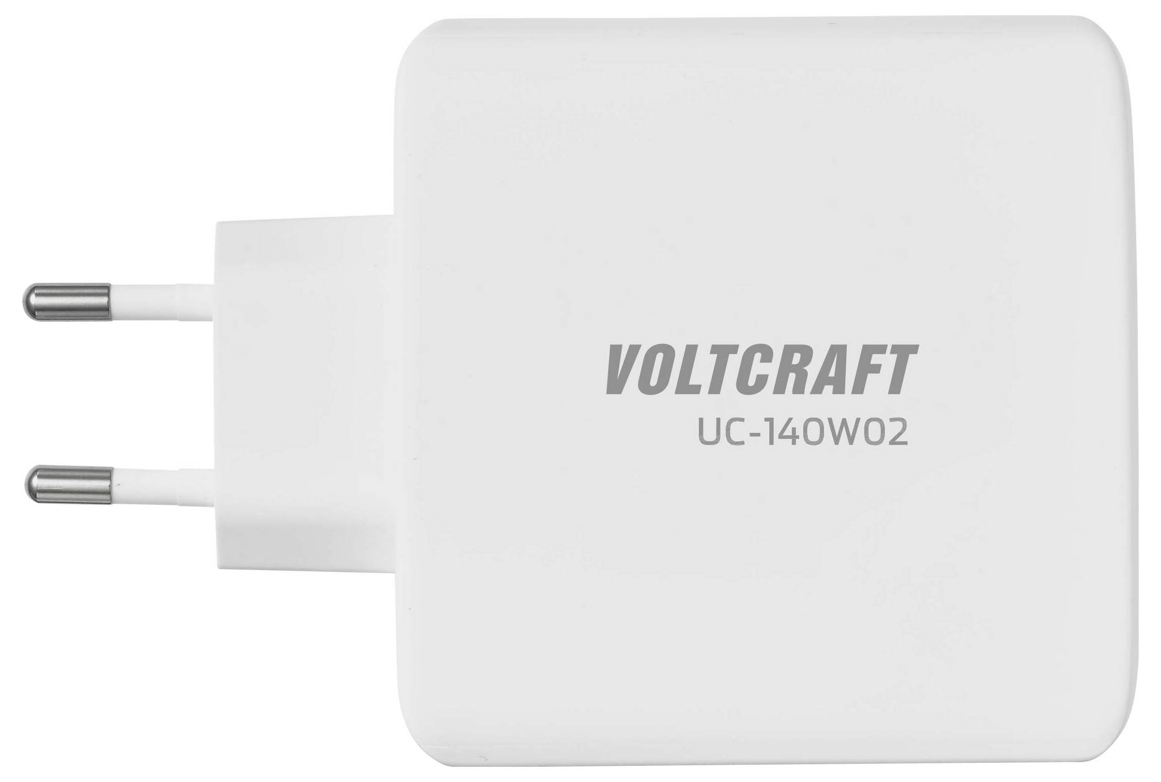 Vit VOLTCRAFT UC-140W02 strömadapter för vägguttag med två runda stift och tryckt modellnamn.