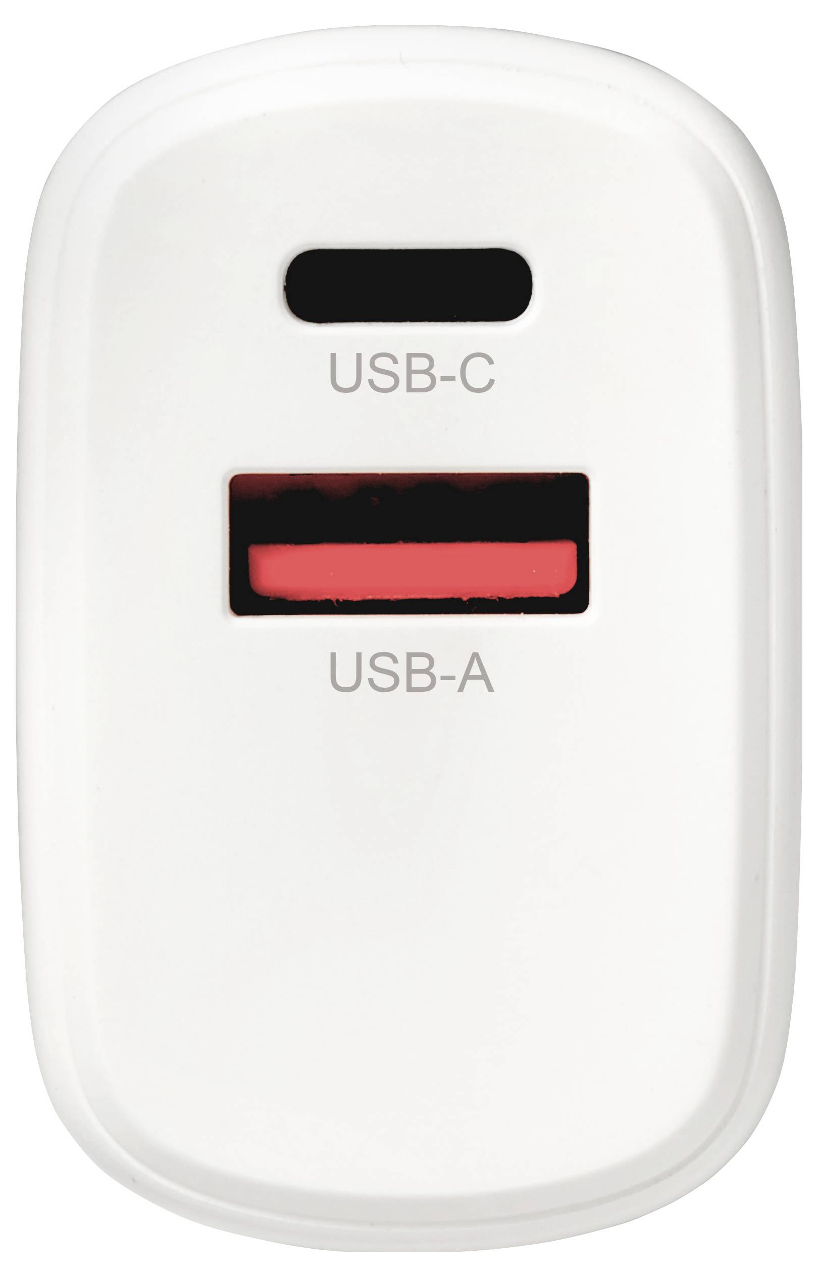 Närbild av en vit strömadapter med två portar märkta "USB-C" och "USB-A".