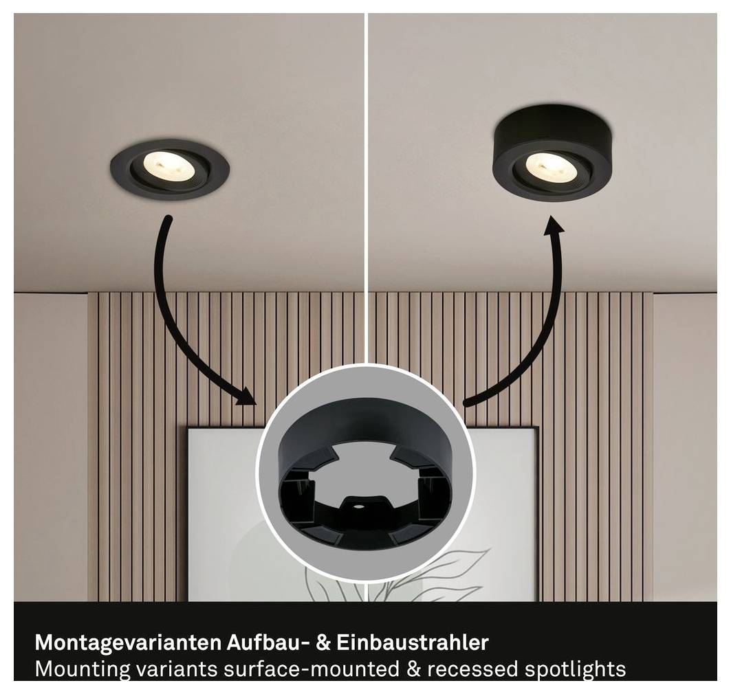 Diagram som visar en spotlight som kan monteras på ytan eller byggas in, med pilar som pekar på takinstallationsalternativ och texten 'Montagevarianter Aufbau- & Einbaustrahler' och 'Mounting variants surface-mounted & recessed spotlights'.