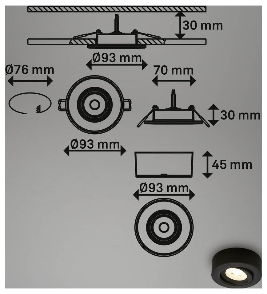 Diagram av en dold taklampa med installationsmått: 93 mm utskärning, 76 mm och 70 mm sidodimensioner, 30 mm djup och 45 mm höjd.
