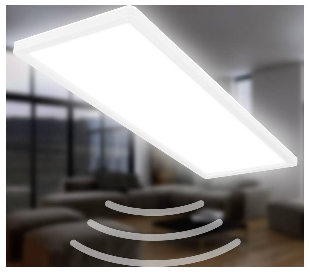 Modern rektangulär takbelysningspanel med rörelsesensorvågor, visad över ett suddig vardagsrumsinteriör.