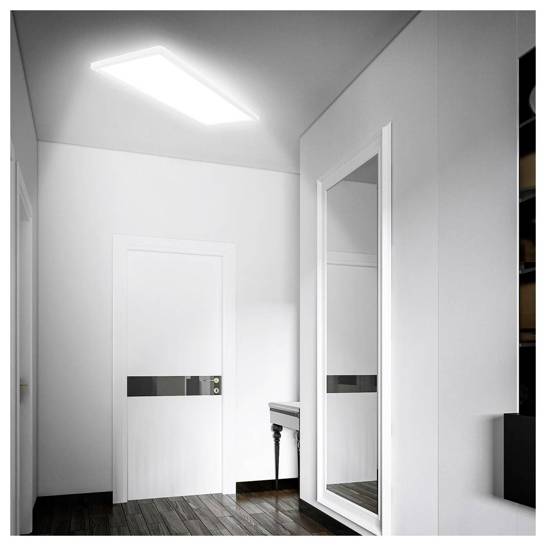 Modernt vitt hallurum med en stängd dörr, högt speglat skåp och taklampa, som visar ett rent minimalistiskt interiör.