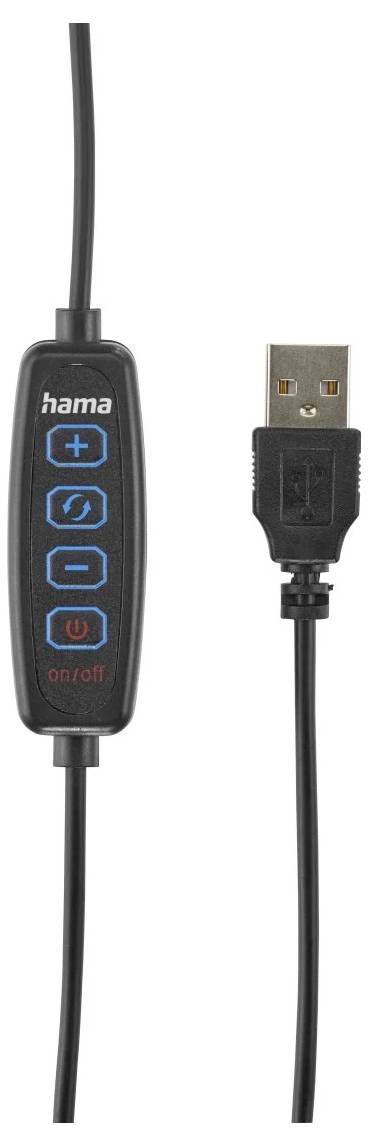 Inline USB-kabelkontroller med Hama-logotyp, blå plus/minus-knappar och strömknapp märkt på/av, visad med USB-kontakt och kabel.
