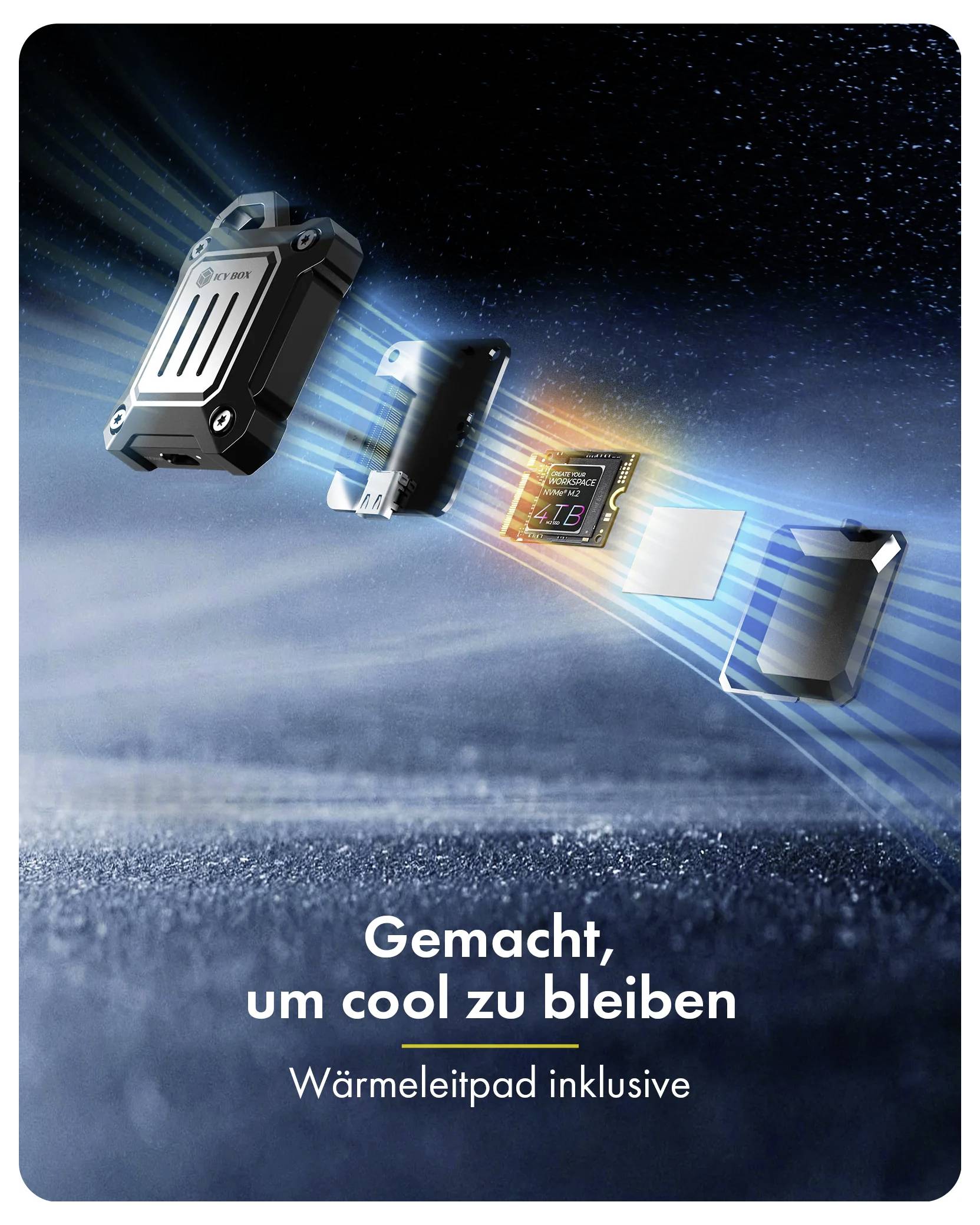 Marknadsföringsannons av en svävande elektronisk enhet med värmeled-padding och värmestrålar; tysk text lyder "Gjord för att förbli cool" och "Värmeled-pad inkluderat".
