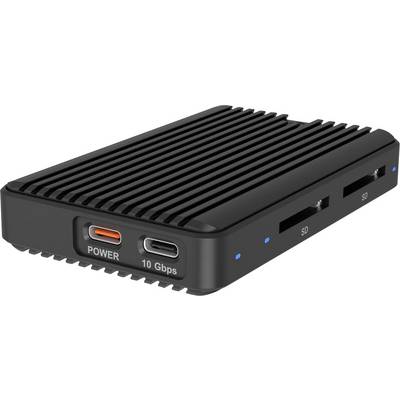 Svart extern lagringsdocka med ribbad överyta, frontal USB-C-port märkt "10 Gbps", strömknapp och två SD-kortplatser med blå indikatorer.