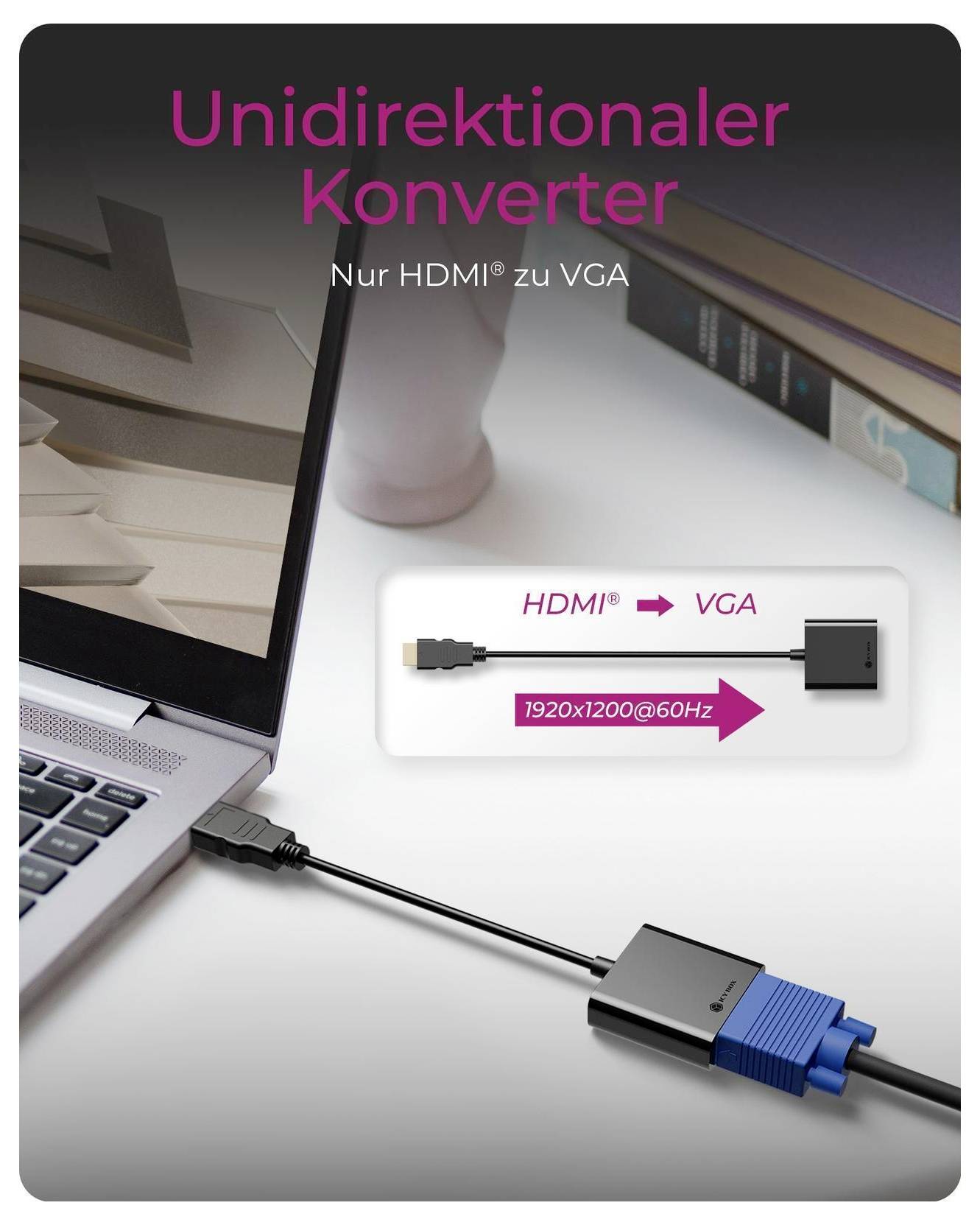 Envägs HDMI till VGA-omvandlare för bärbar dator med kabel. Texten visar "Endast HDMI till VGA" med stöd för 1920x1200@60Hz.