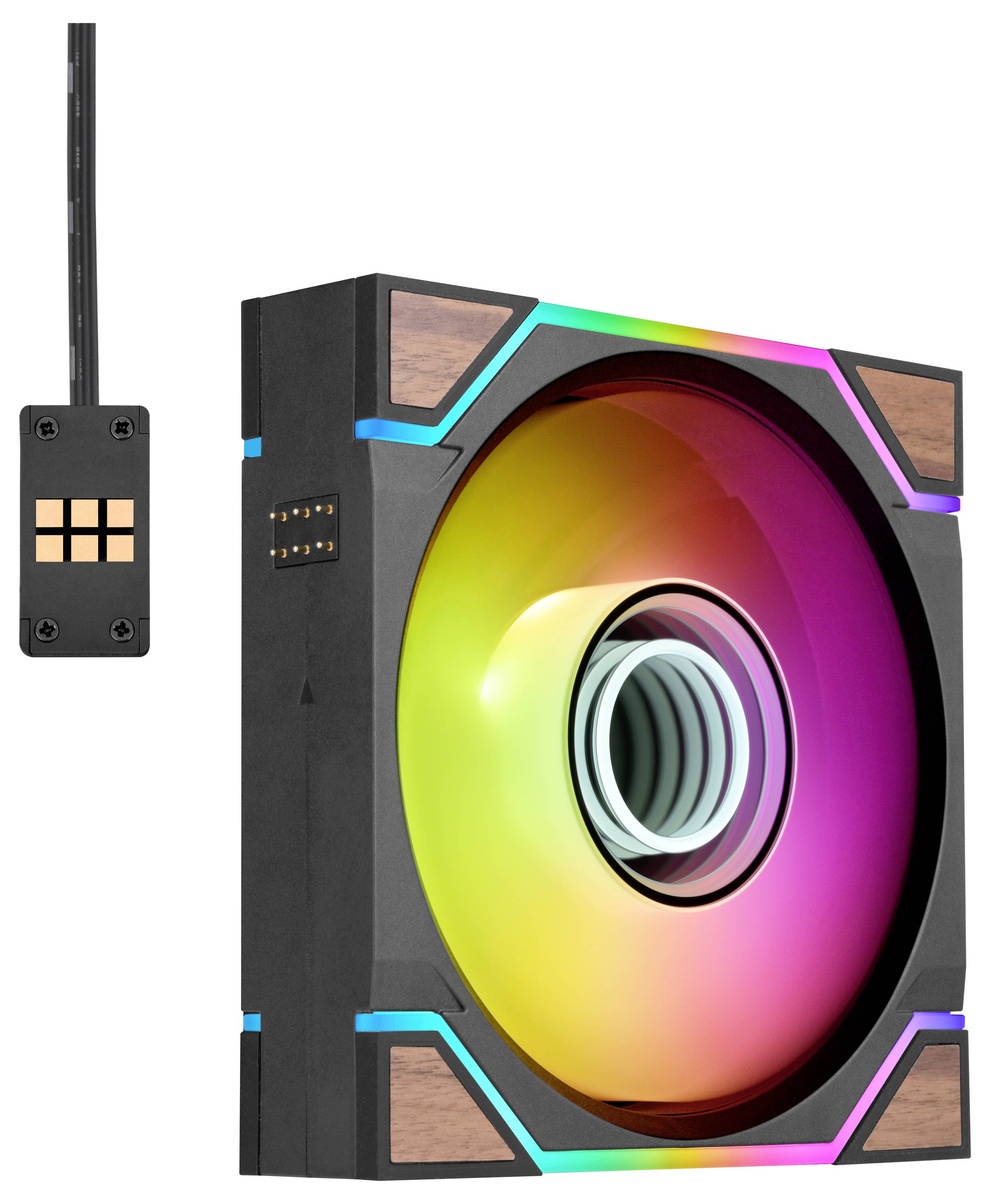 RGB-datorkylare med svart kvadratisk ram och regnbågsillustrerad blad; inkluderad är en liten magnetisk kontakt på vänster sida.