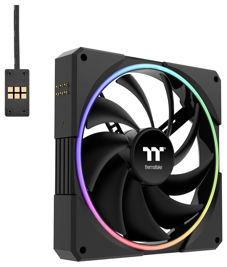 Svart Thermaltake RGB-datorkylfläkt med färgrikt ringljus och en separat anslutningskabel som visas bredvid den.
