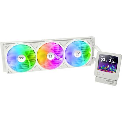 Vit triple-fan vätskekyld CPU-kylare med färgbelyst fläktar och en liten display som visar CPU-temperatur och prestandastatistik.