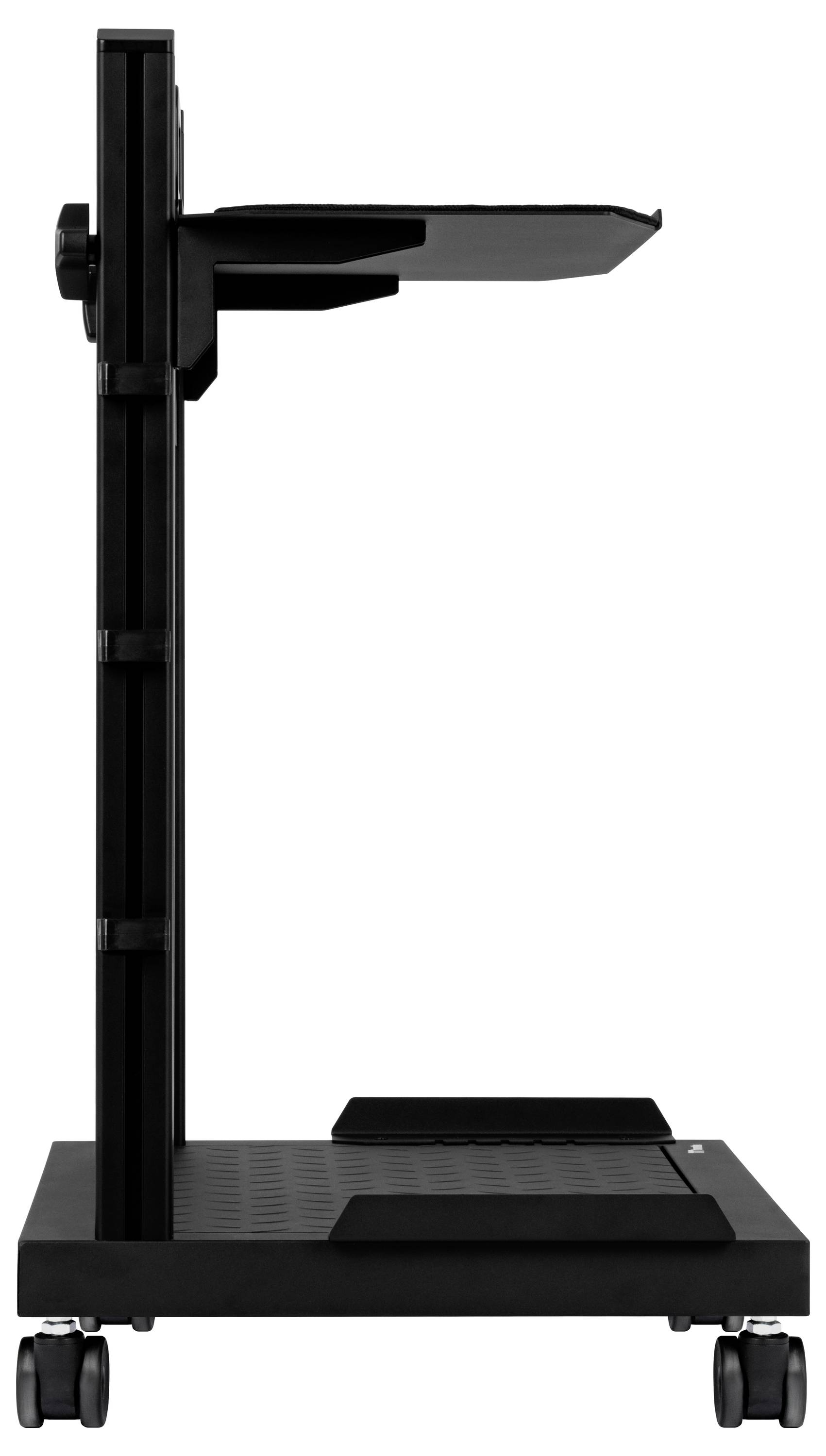 Svart mobil vagn med hjul och en justerbar övre hylla, visad i sidovy på vit bakgrund.