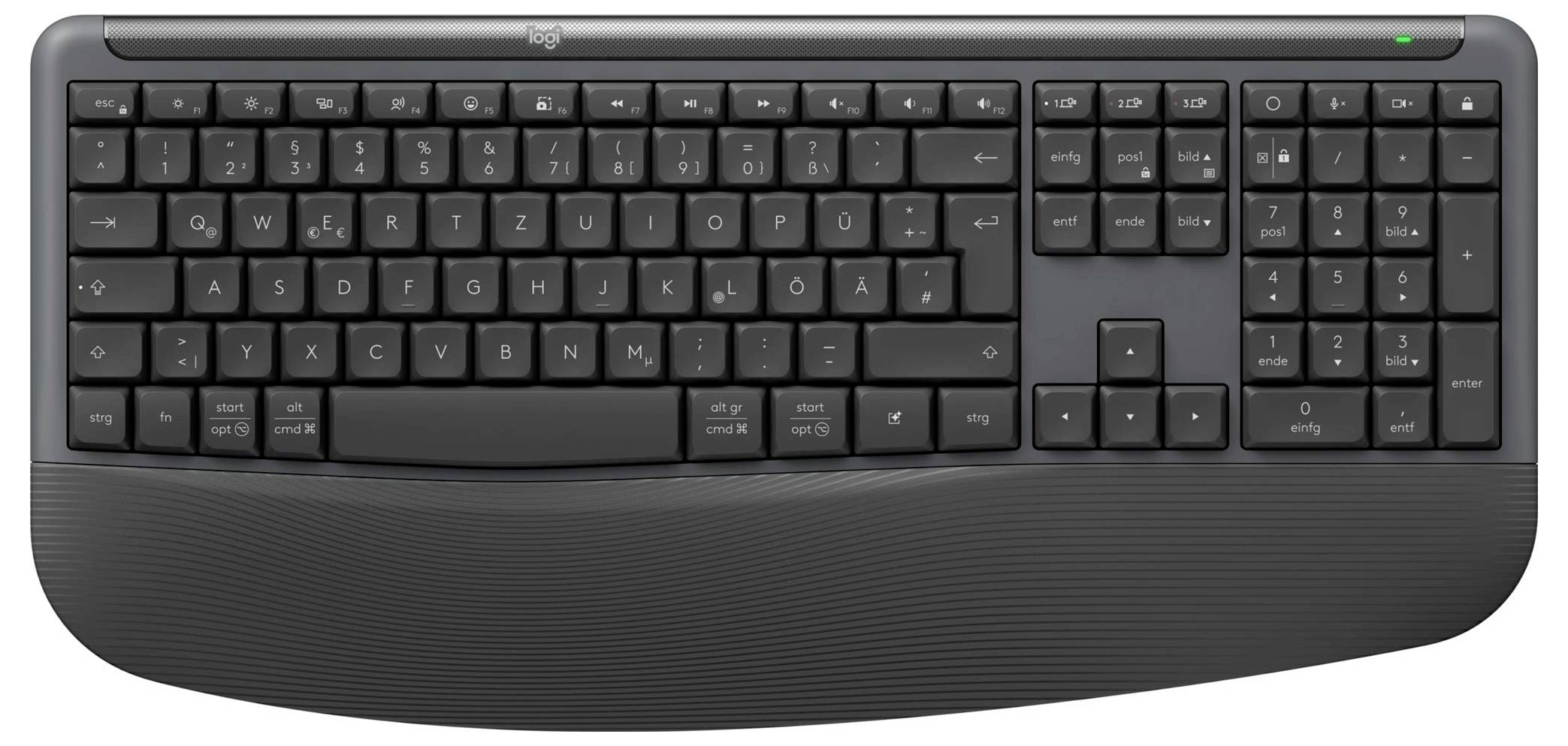 Svart ergonomisk tangentbord i full storlek med böjd delad tangentlayout, numerisk knappsats och handledsunderlag.