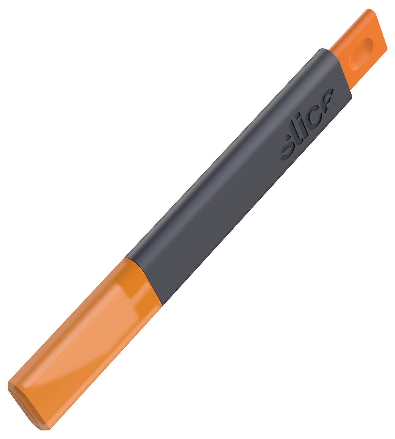 Orange och mörkgrå universalkniv med infällbar blad, visad diagonalt på en vit bakgrund.