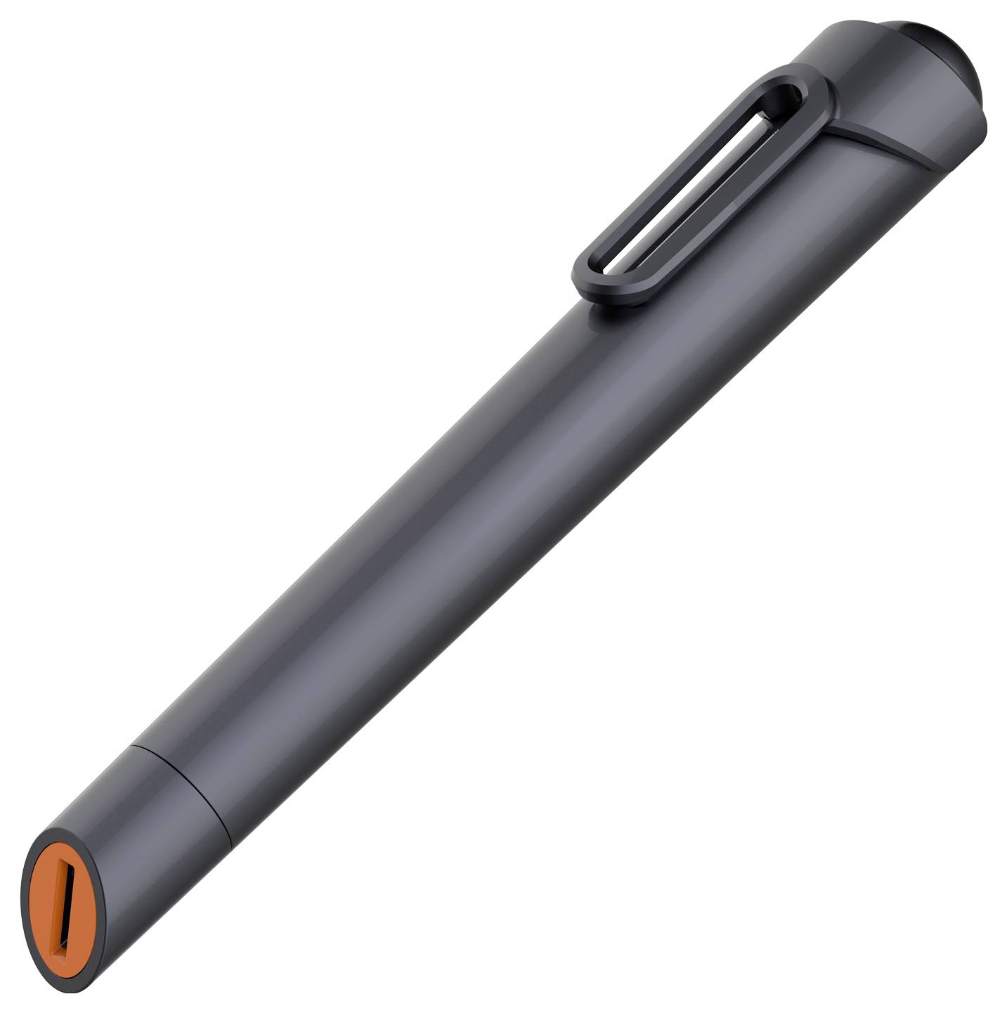 Svart pennliknande stylus med orange spets och klämma, visad diagonalt på vit bakgrund.