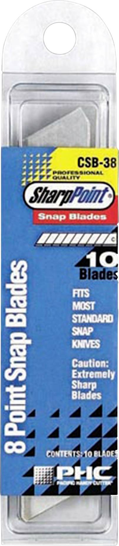 SharpPoint CSB-38 snäppknivpaket för professionell användning, märkt "8 Point Snap Blades" och "10 blades", med varningstext om vassa blad.