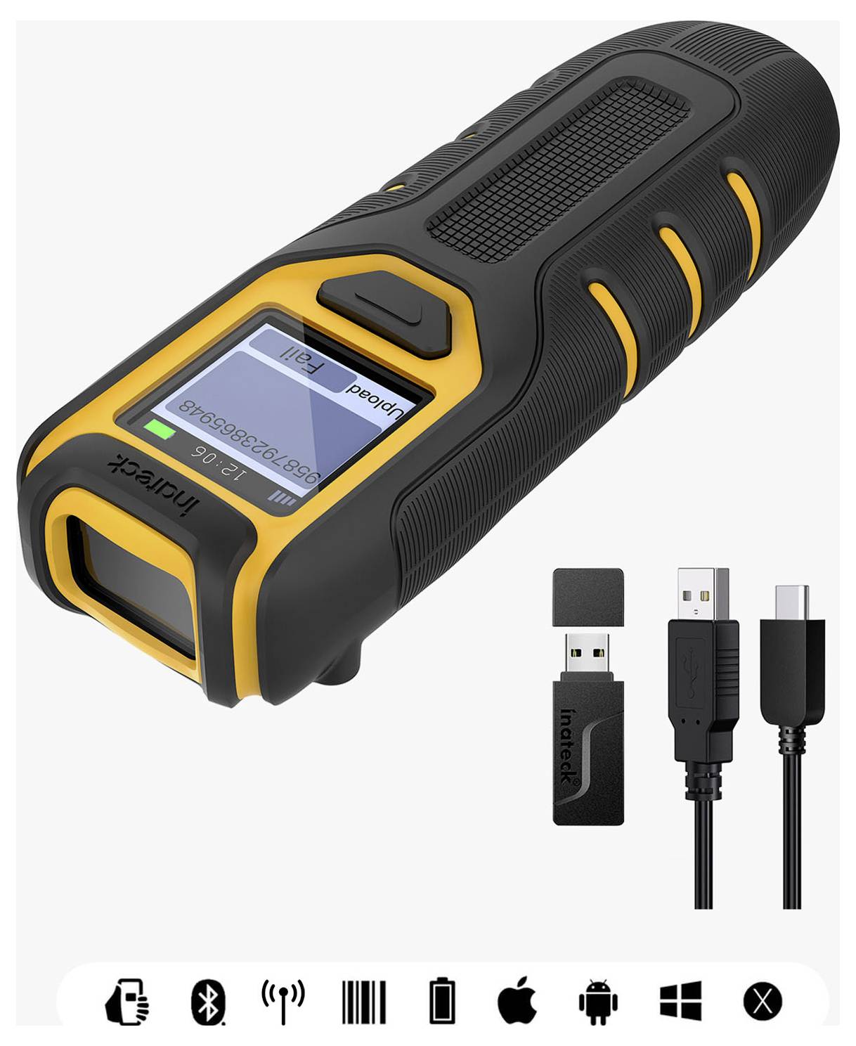 Svart-och-gul handhållen digital lasermätare med skärm och knapp, visas tillsammans med USB-mottagare och laddningskabel, plus enhetskompatibilitetsikoner.