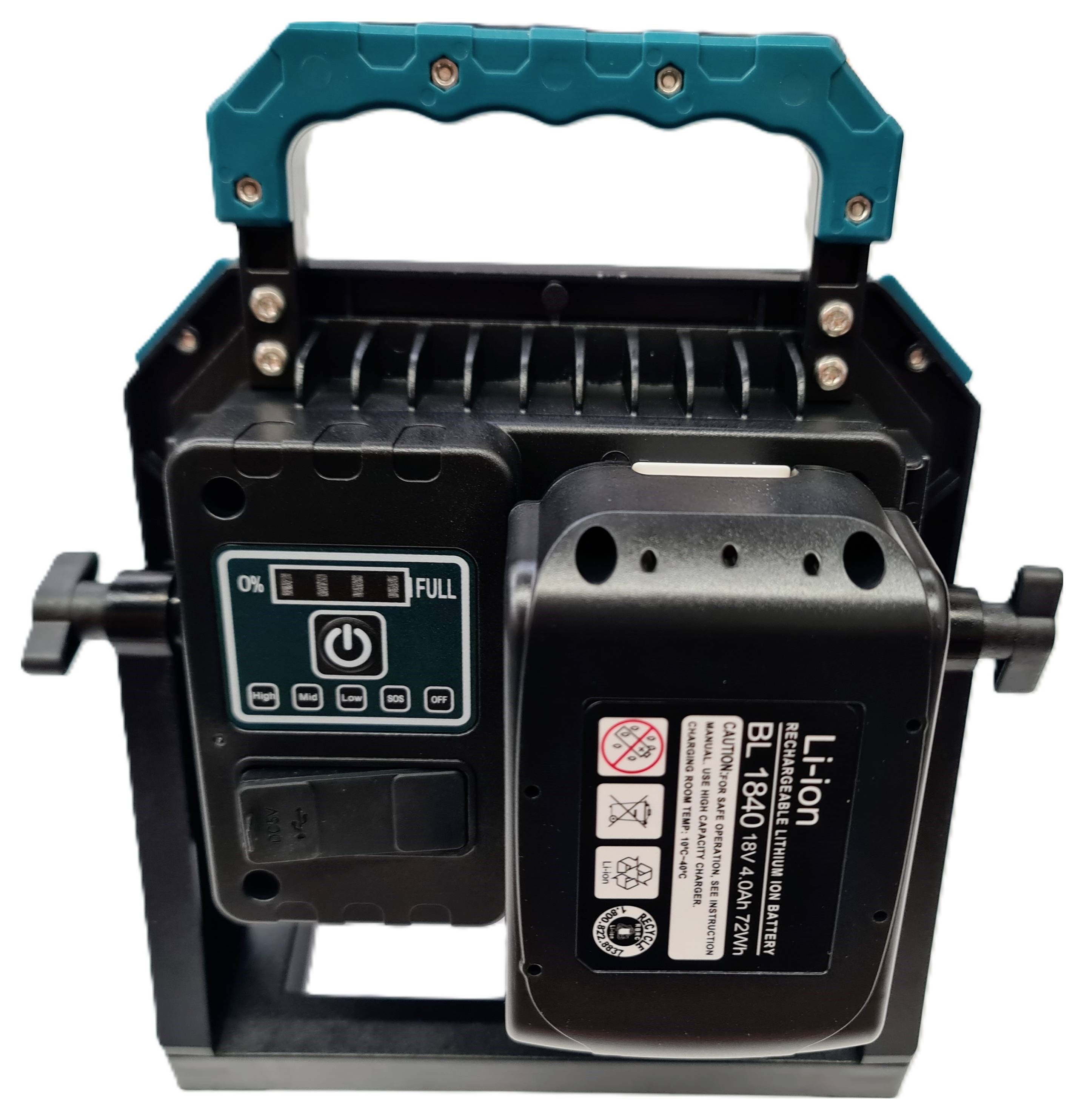 Bärbar litiumjonbatteripack med handtag och två batterimoduler, med laddningsindikator och strömknapp på framsidan.