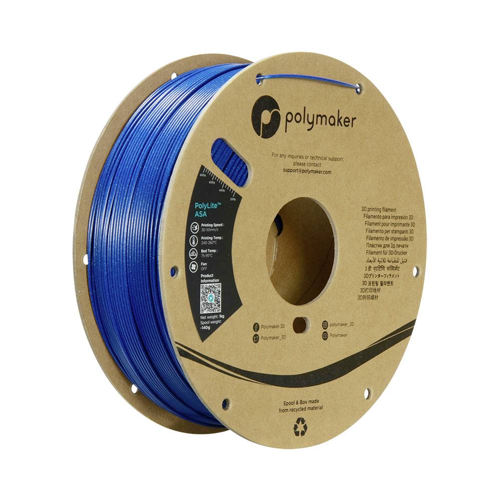Blå Polymaker 3D-skrivare filamentspole märkt PolyLite ASA, visad på en kartongspole med produktdetaljer.