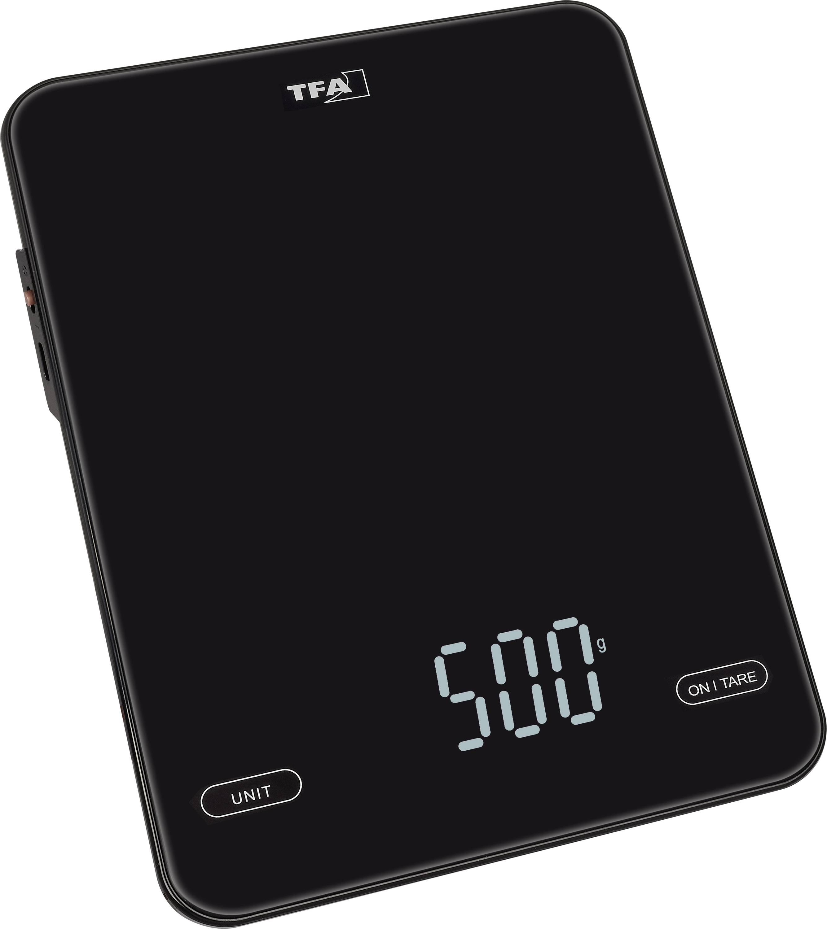 Svart digital kökvåg som visar "500" gram med UNIT- och ON/TARE-knappar.