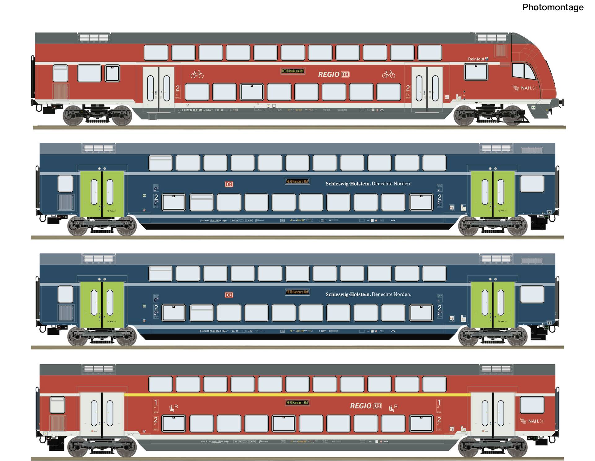 Fyra sidovyprojekt av tågvagnar staplade vertikalt, som visar röda och blågröna regionala passagerartåglivrér med dörrar, fönster och varumärkesöversättningar.