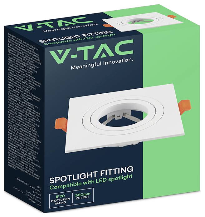V-TAC spotlight-monteringsbox som visar en vit inbyggd ljusstrimma; förpackningen visar "Meaningful Innovation" och "Kompatibel med LED-spotlight", med IP20-skydd och 80 mm utskärning.