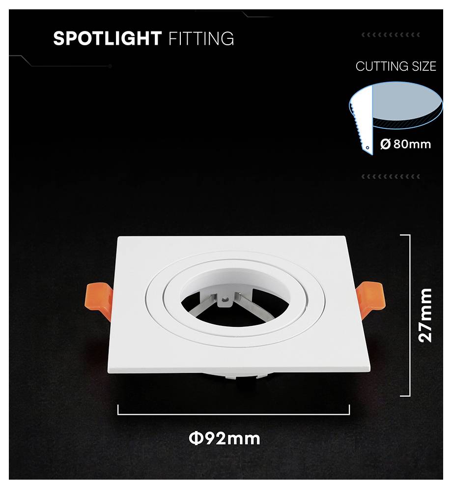 Produktdiagram av en spotlightarmatur, som visar utskärningsstorlek Ø80 mm och armaturdimensioner 92 mm breda och 27 mm höga.