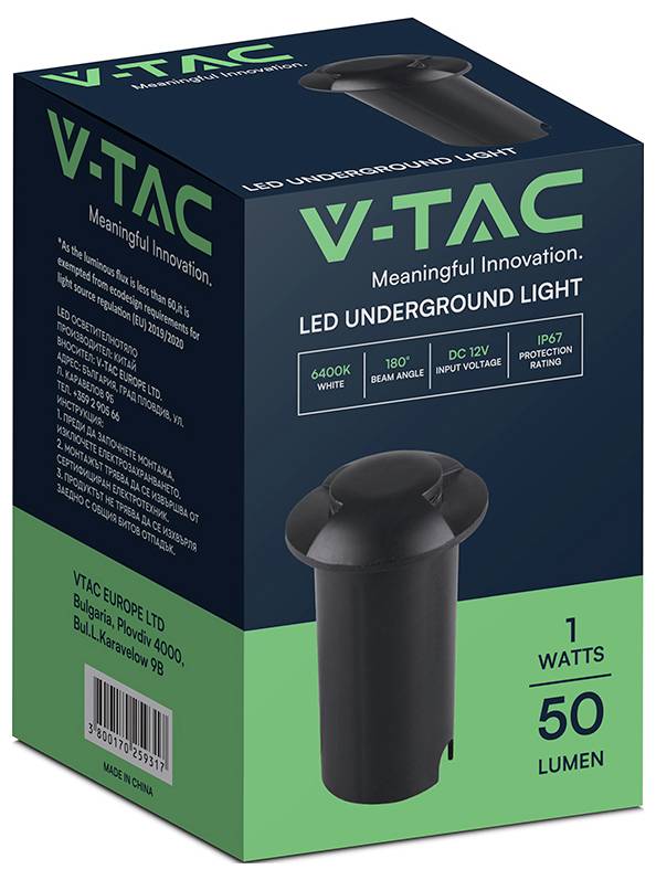 VTAC LED-LED:s underjordiska lampa<br><br>Ljusarmatur och viktiga specifikationer: 6400K vitt, 180° strålningsvinkel, DC 12V, IP67, 1 watt, 50 lumen.