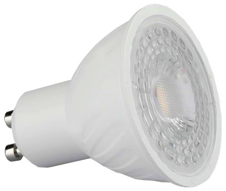 En vit LED-spotlampa med två metallstift, visad på en enkel bakgrund.